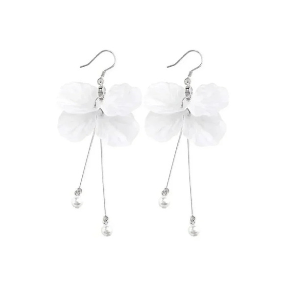 White Petal Flower Earrings Boho Statement Dangle Drop Flower Pearl Earrings - Picture 6 of 7